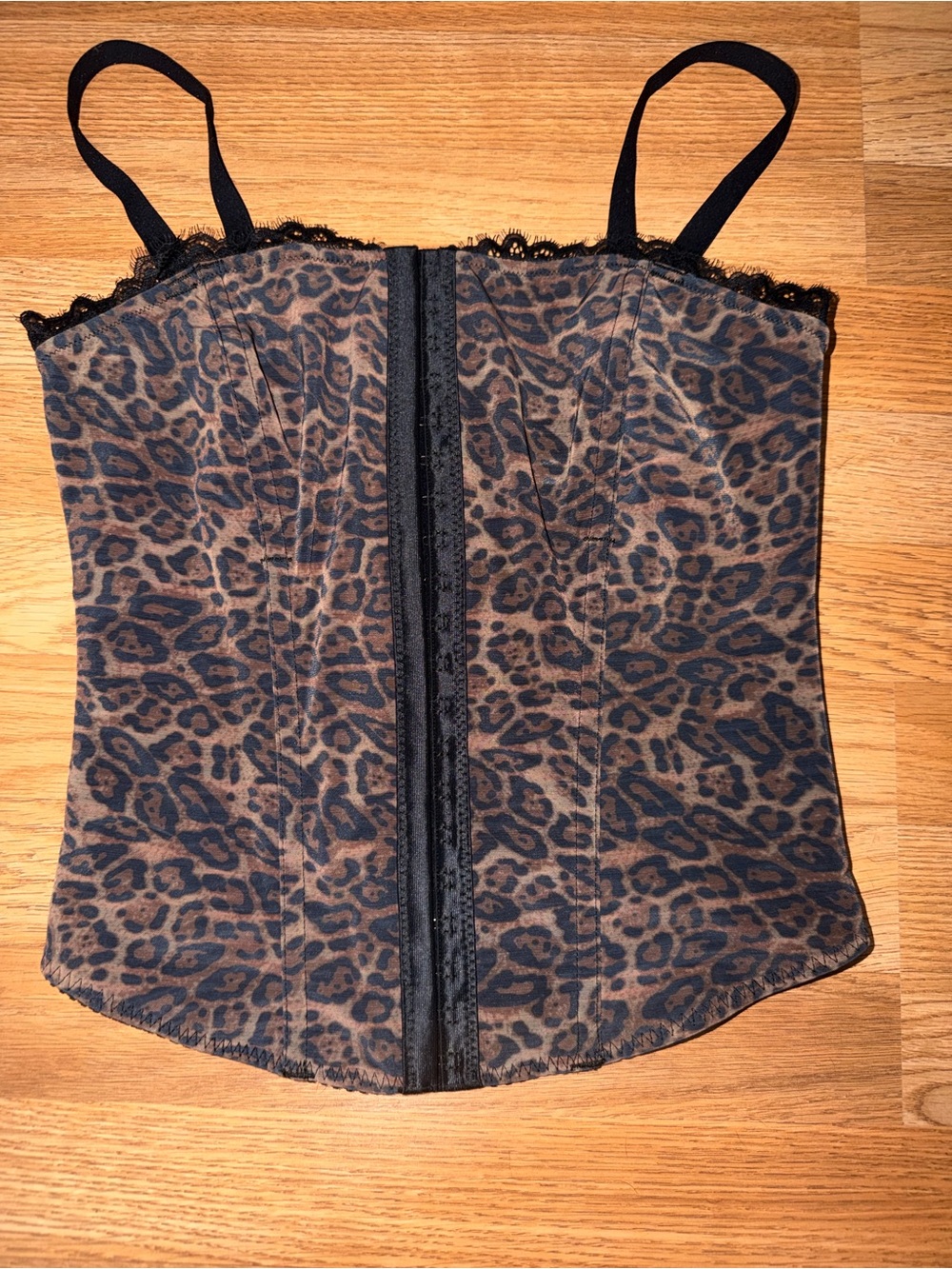 Leopard Print Lace-Trim Bustier Bodysuit - Brown/Black